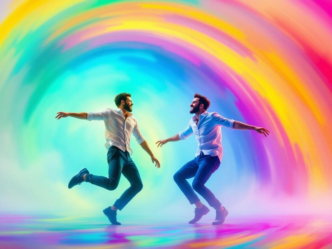 Men Dancing in Colorful Rainbow Background