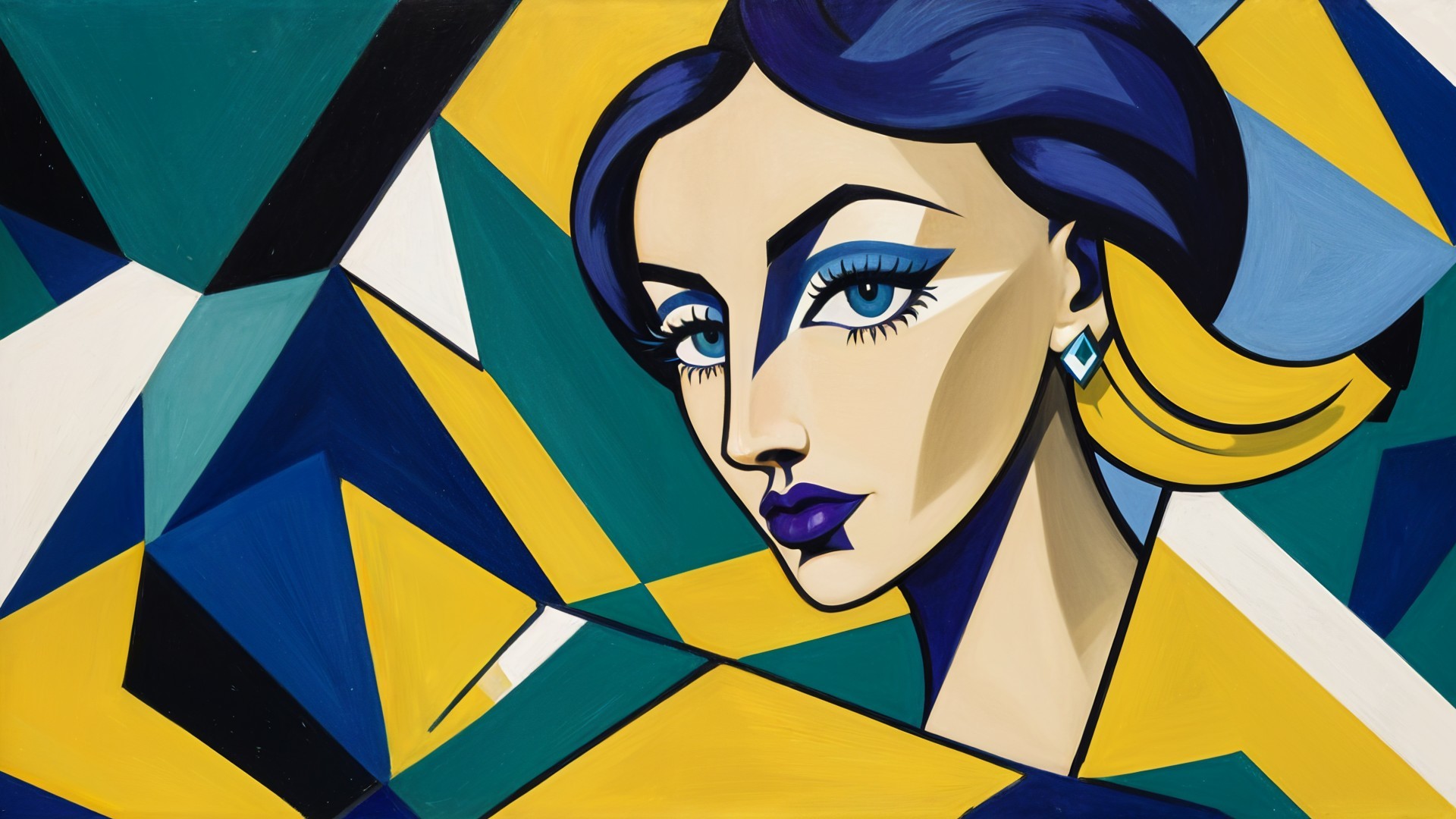 Stylized Woman with Bold Features and Abstract Background