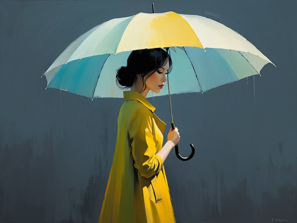 Woman in Yellow Raincoat with Pastel Umbrella