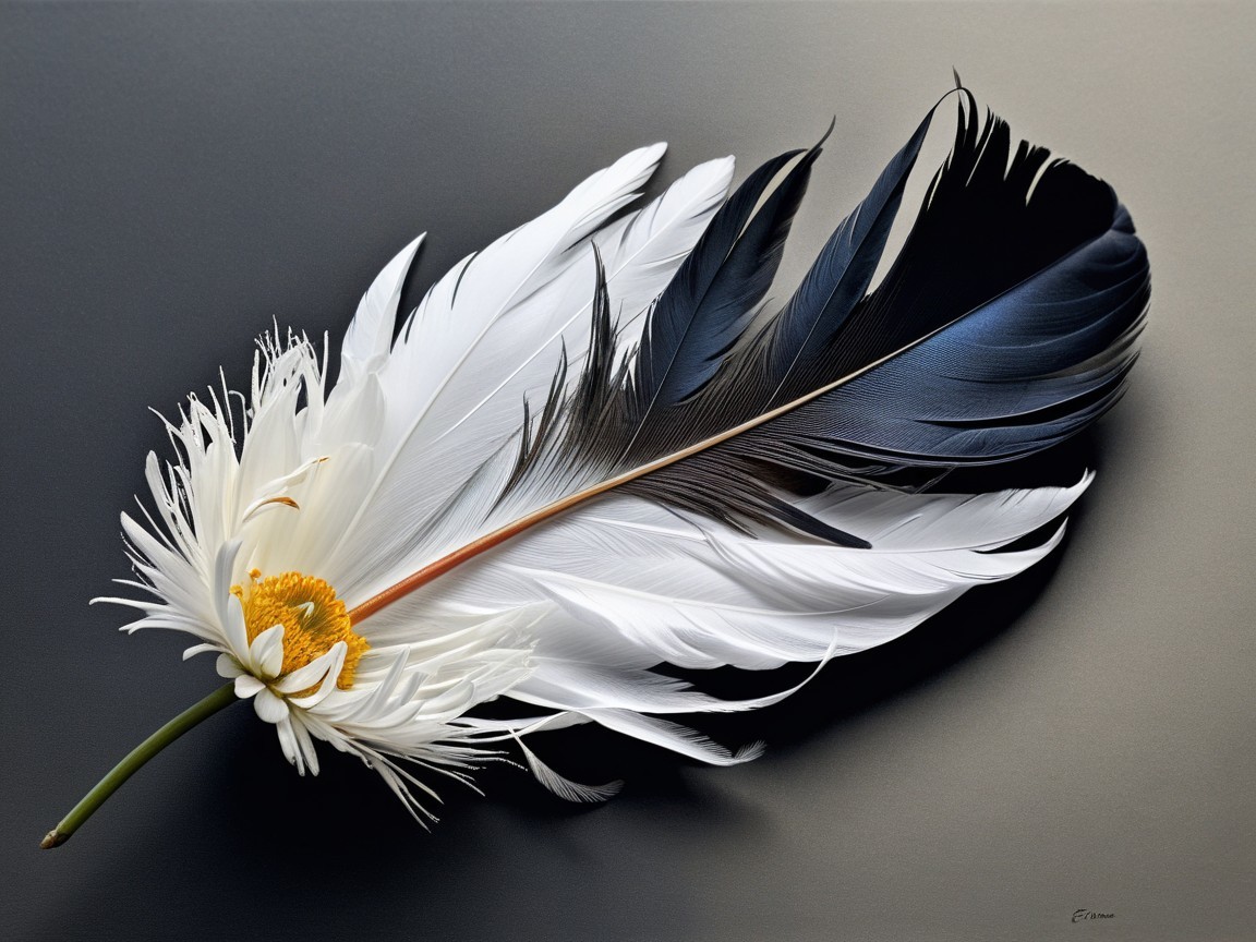 Elegant Feather and Flower Composition with Contrast