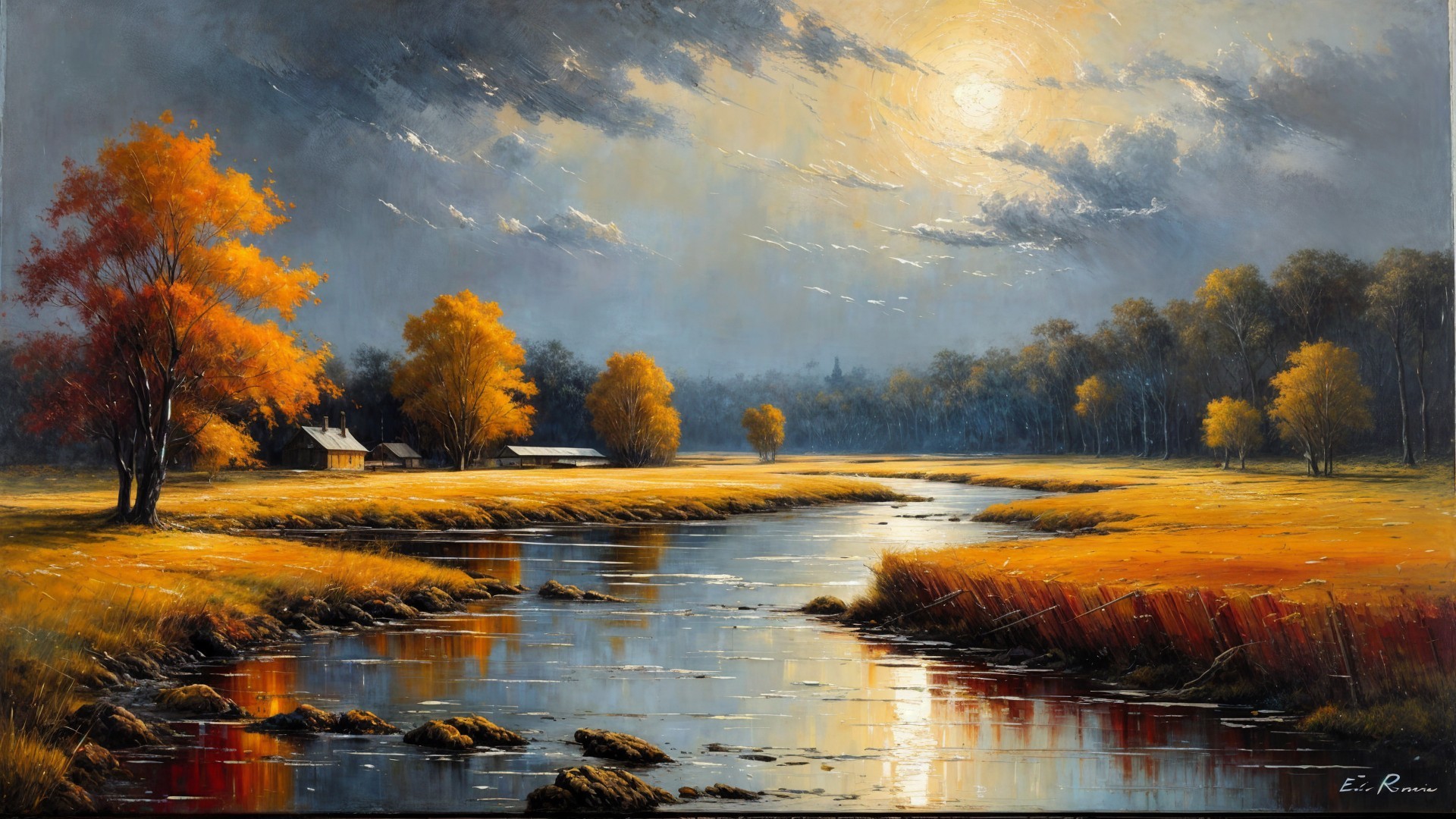 Serene Dusk Landscape with Winding River and Farmstead