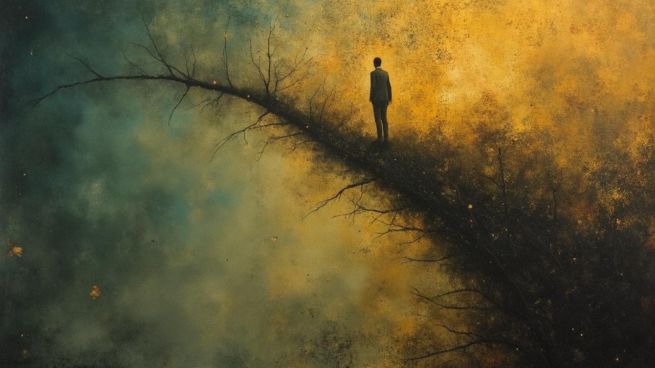 Solitary Figure on Branch in Abstract Landscape