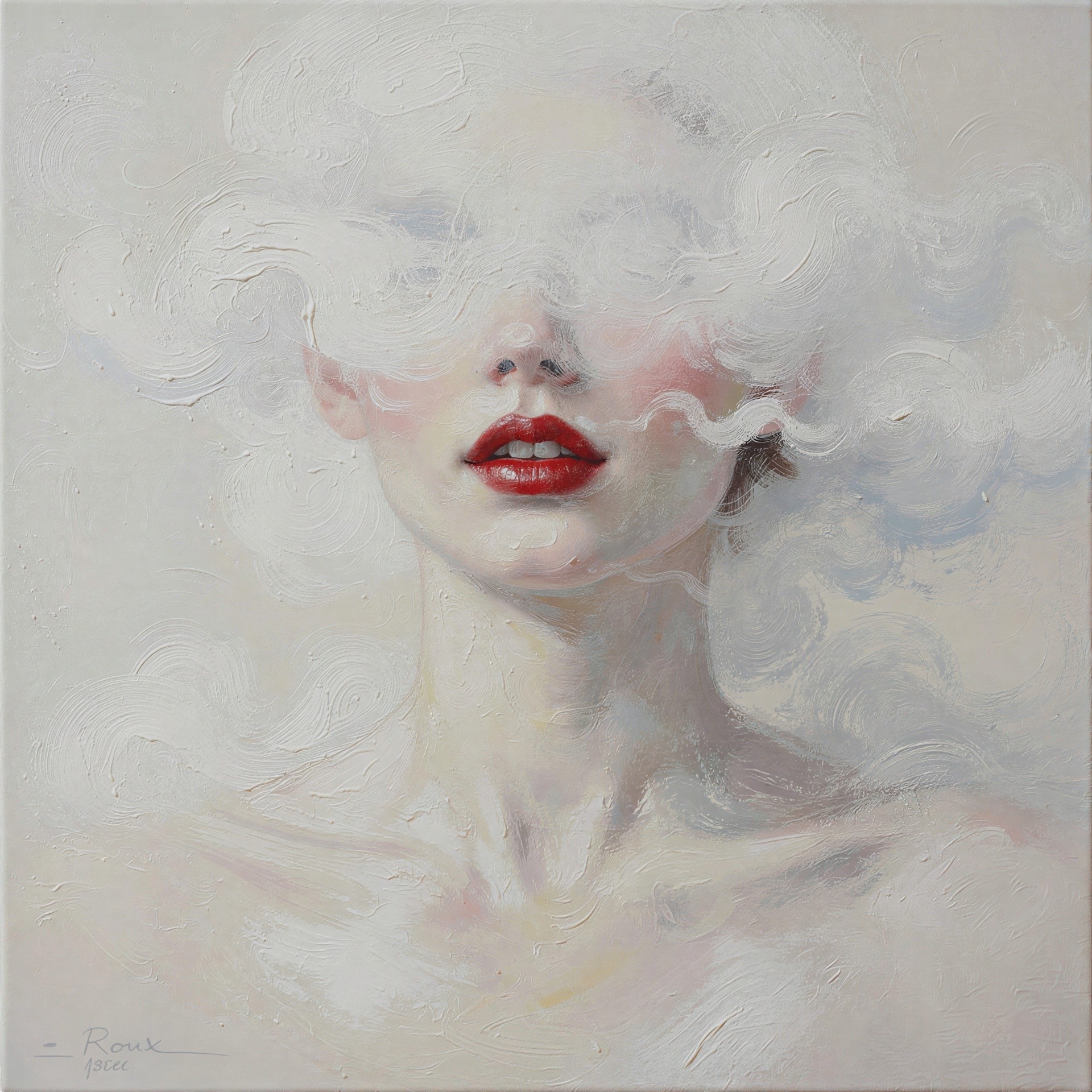 Oil Painting of a Woman's Face Veiled in Clouds
