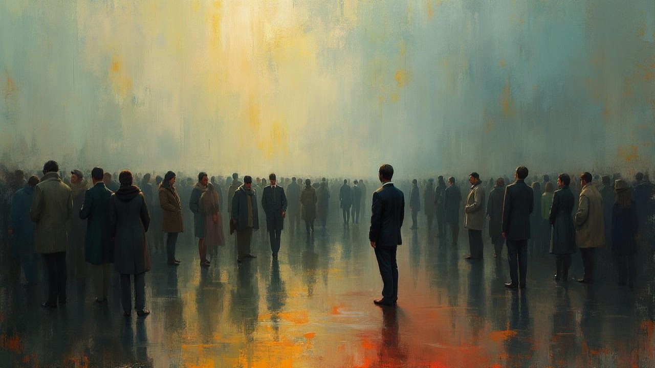 Crowd of Suited Figures in Hazy Landscape Scene