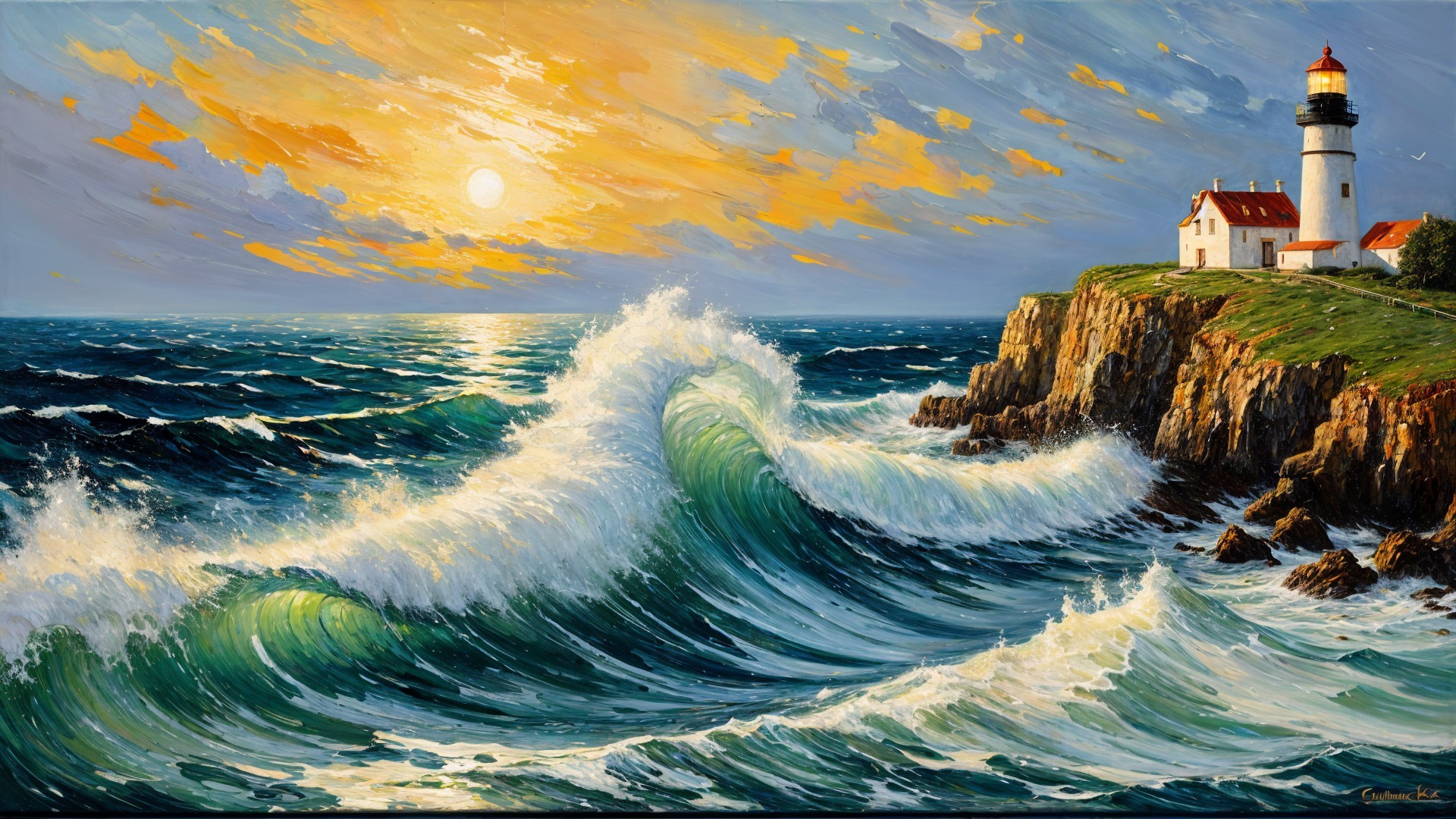 Vibrant Seascape with Lighthouse and Dramatic Sunset