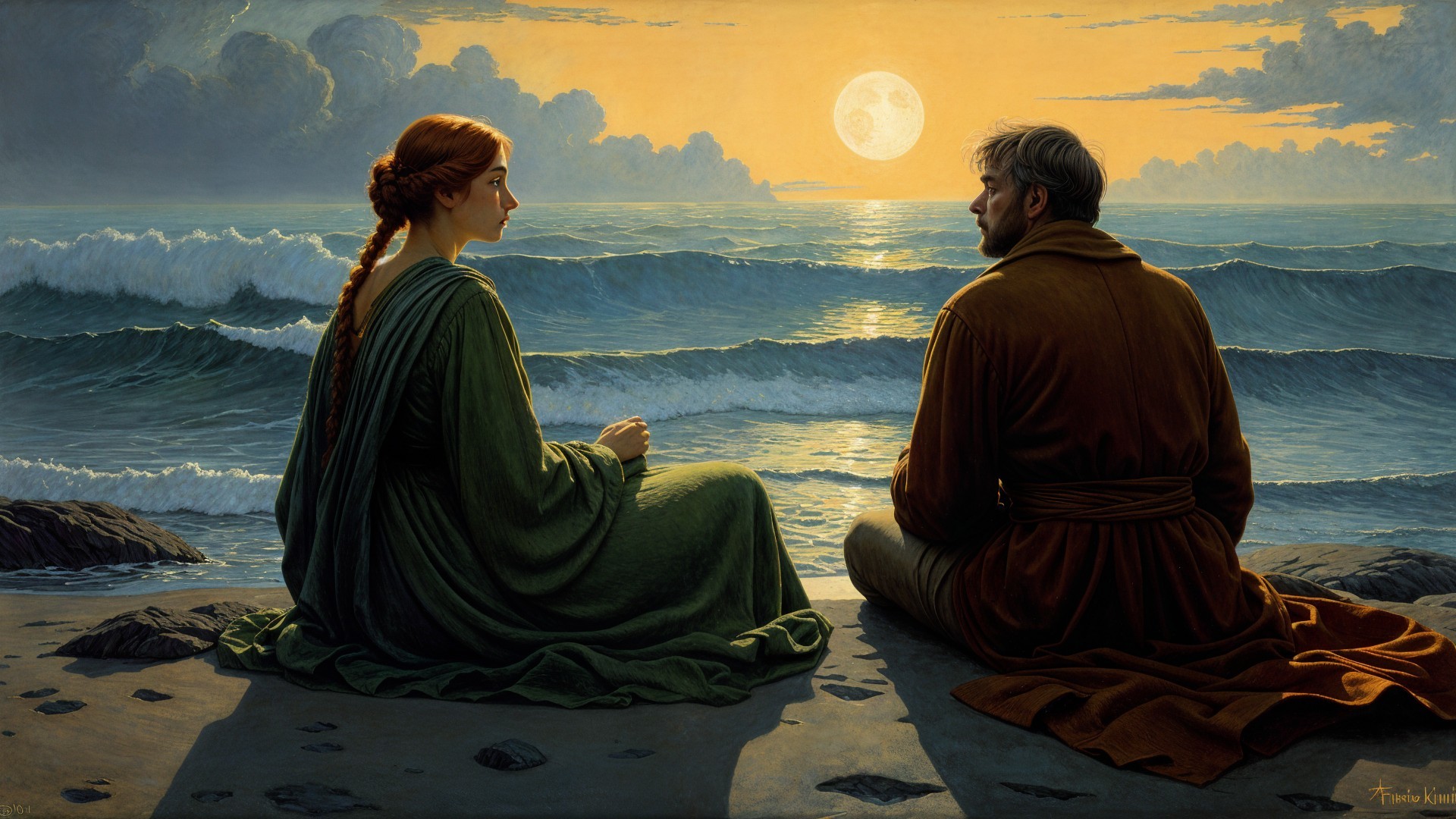 Serene Seaside Scene at Dusk with Two Figures