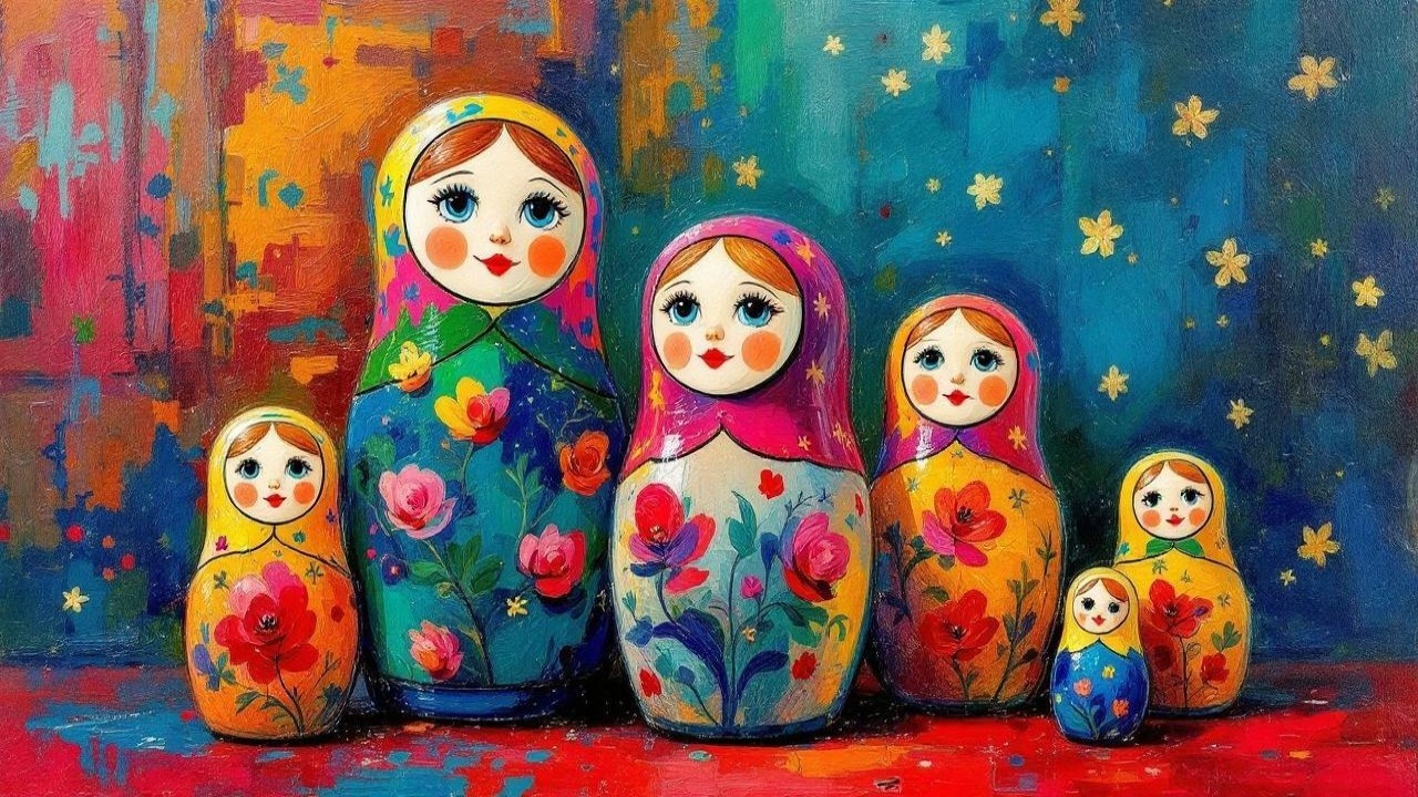 Traditional Russian Matryoshka Dolls on Abstract Background