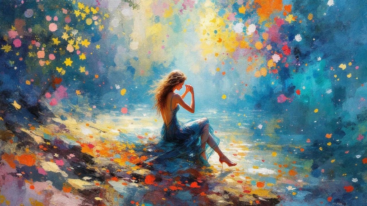 Woman by Tranquil Water Amidst Colorful Autumn Hues