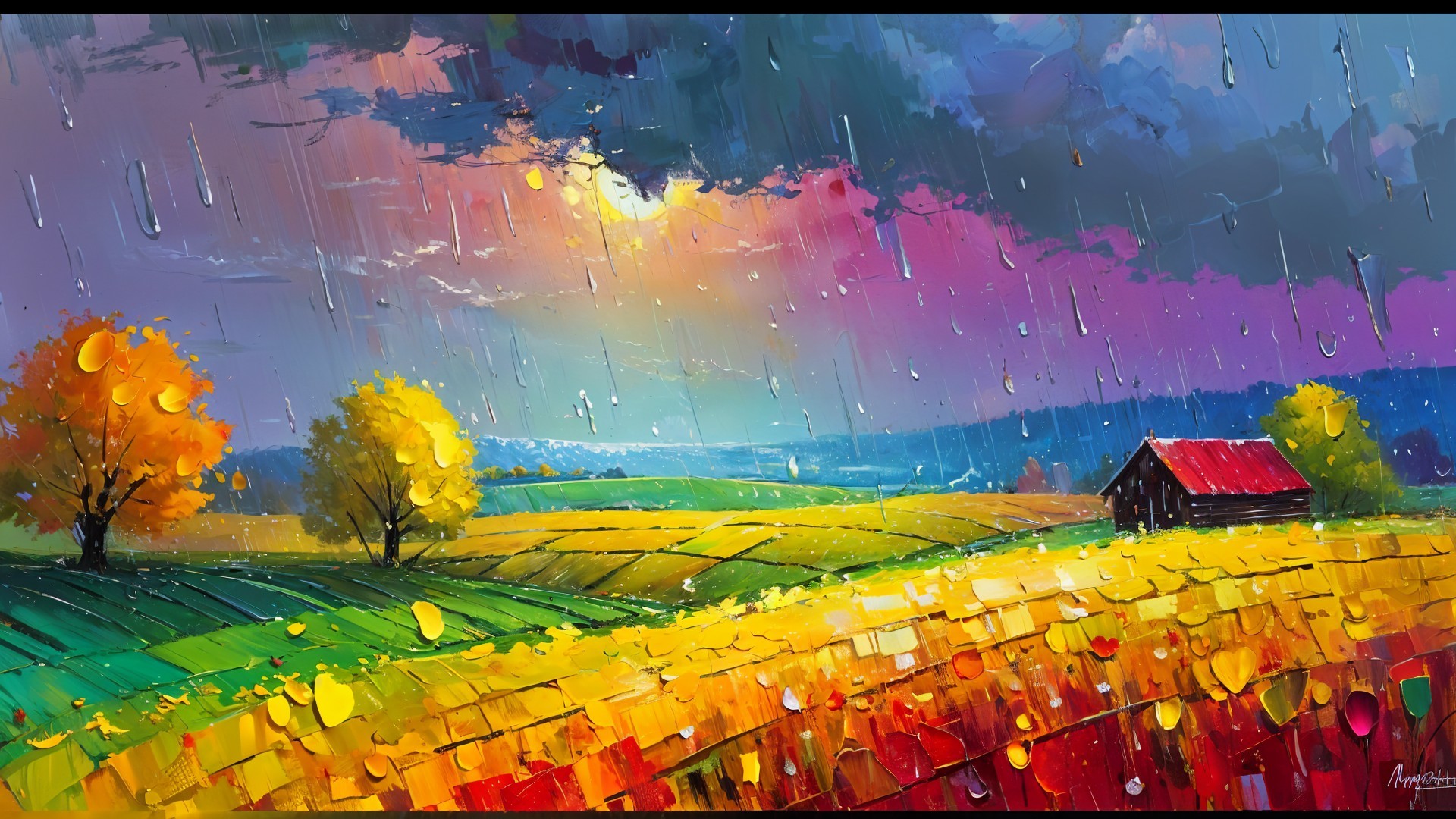 Vibrant Landscape with Sunlit Field and Dramatic Sky