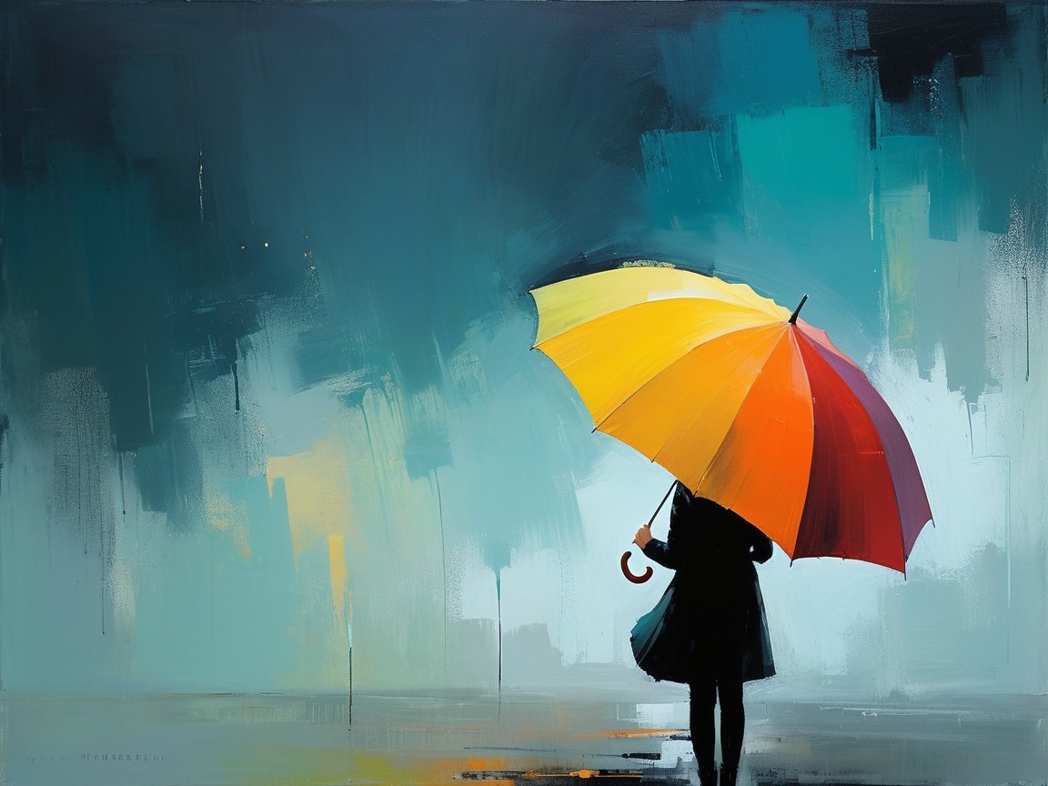 Figure with Umbrella in Abstract Rainy Background