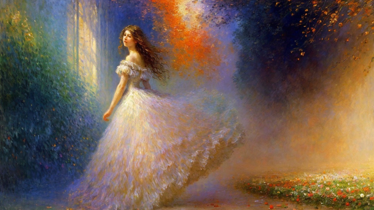 Young woman in white dress with colorful background