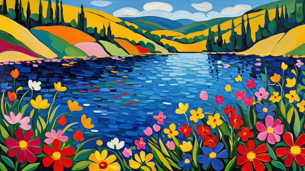 Vibrant Landscape with Serene Lake and Colorful Flowers