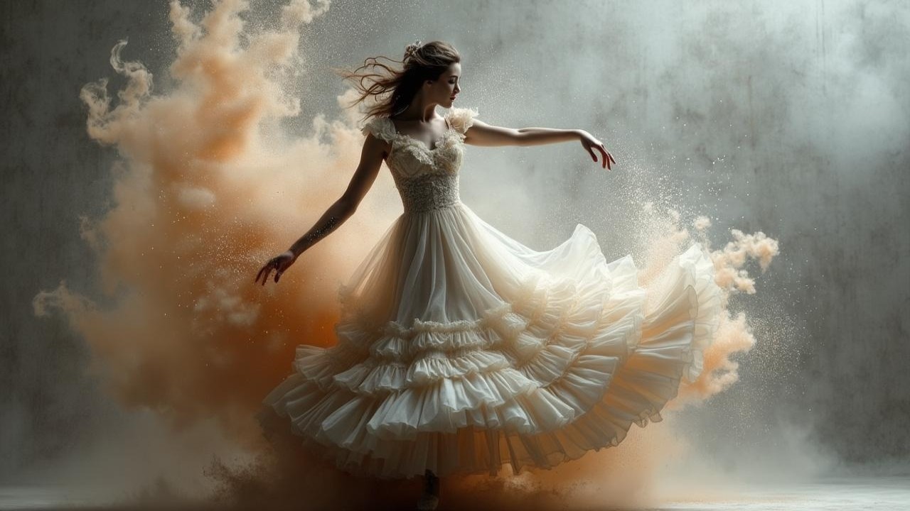 Elegant woman in white dress spinning with orange dust