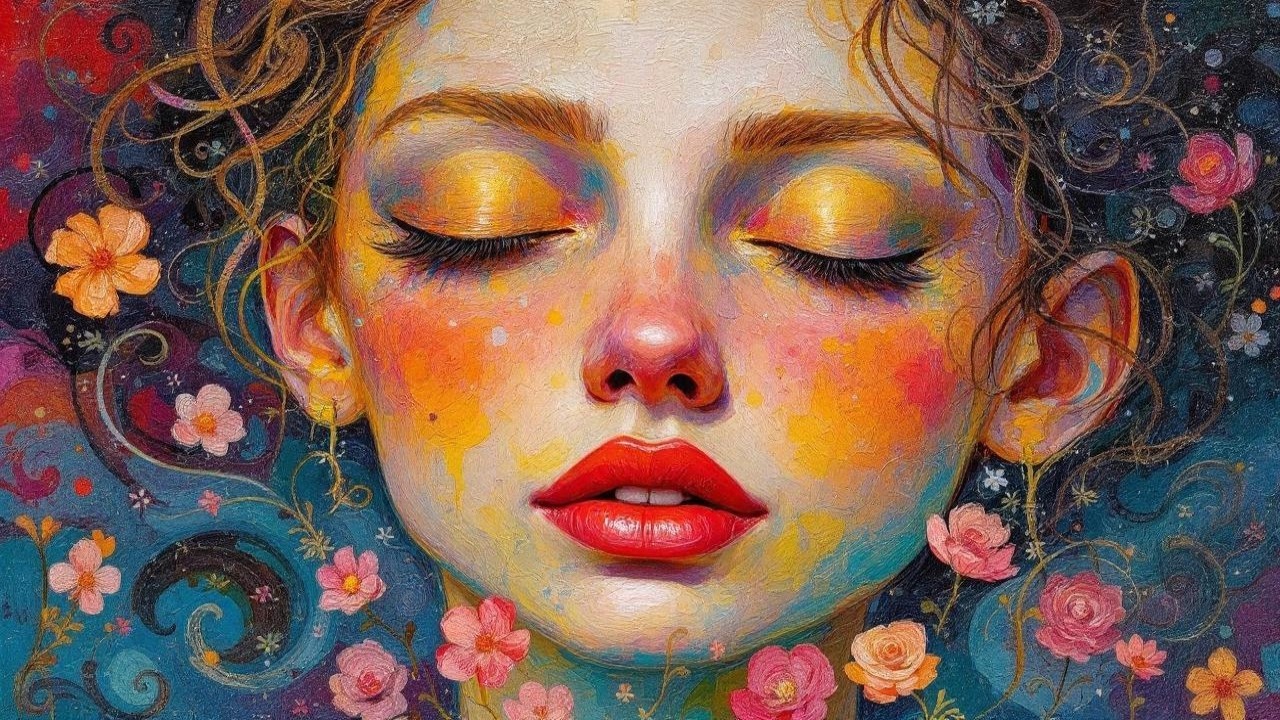 Close-up of a serene young woman among vibrant flowers