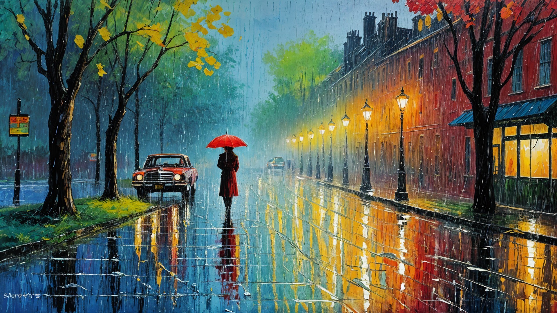 Vibrant Rainy Street Scene in a Charming City