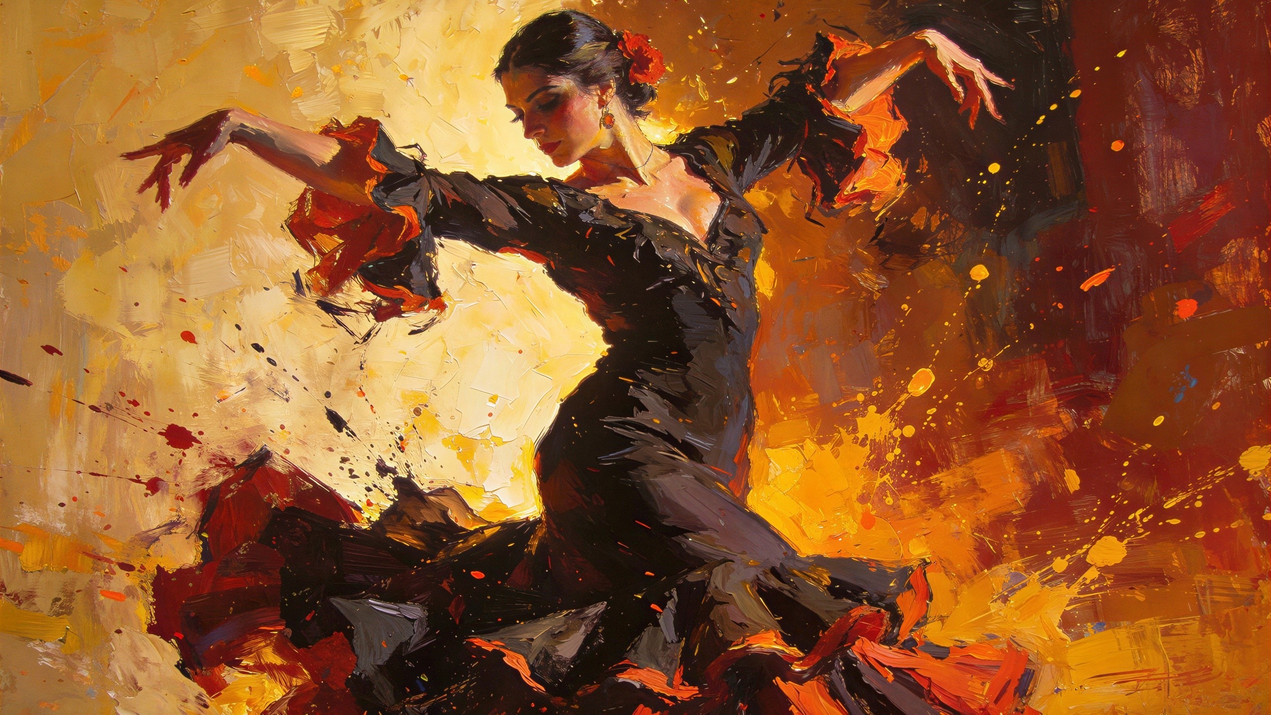 Flamenco Dancer Oil Painting with Vibrant Background
