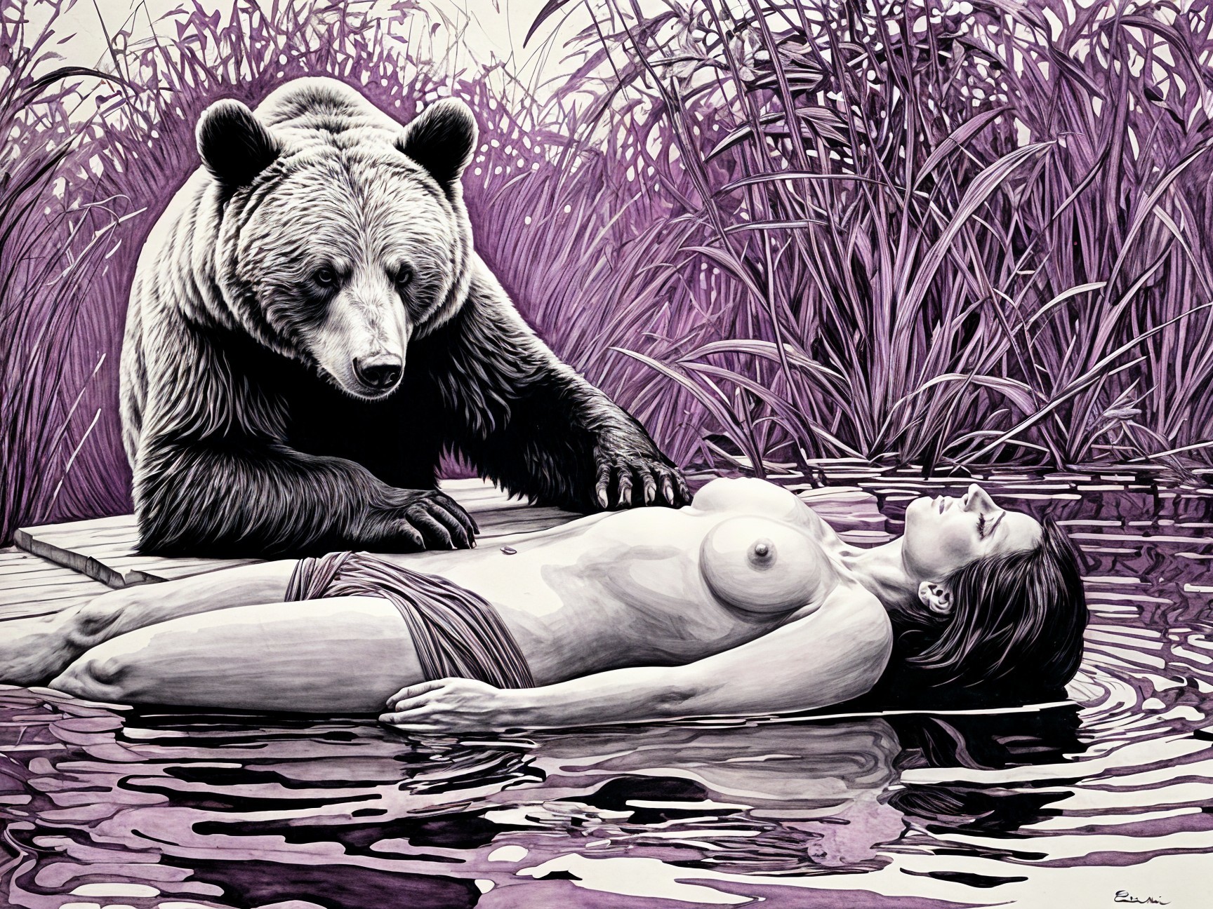 Surreal Artwork of Bear and Woman on a Dock
