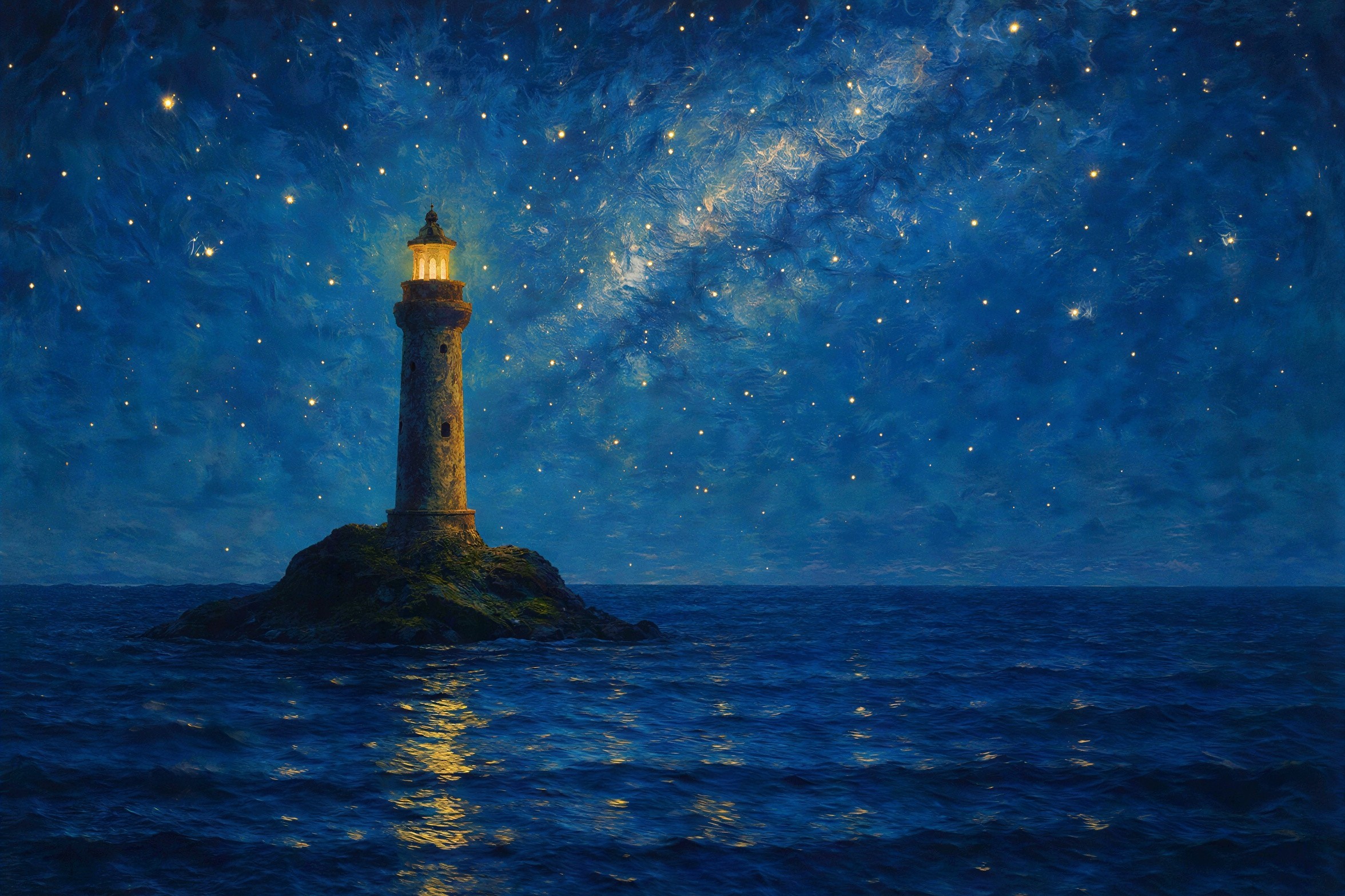 Digital painting of a lighthouse on a rocky island at night