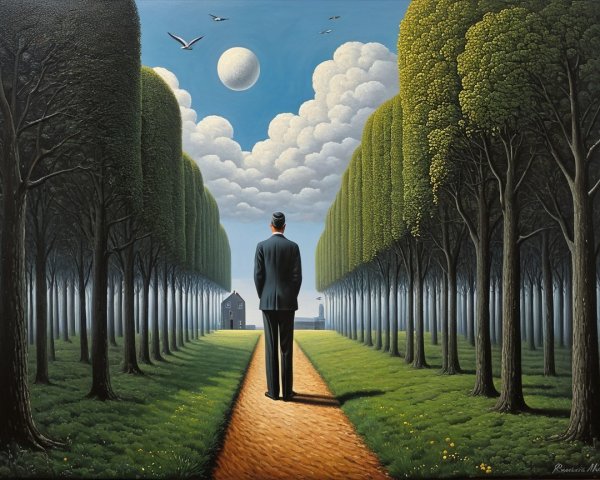 Solitary Figure on Winding Path with Trees and Moon
