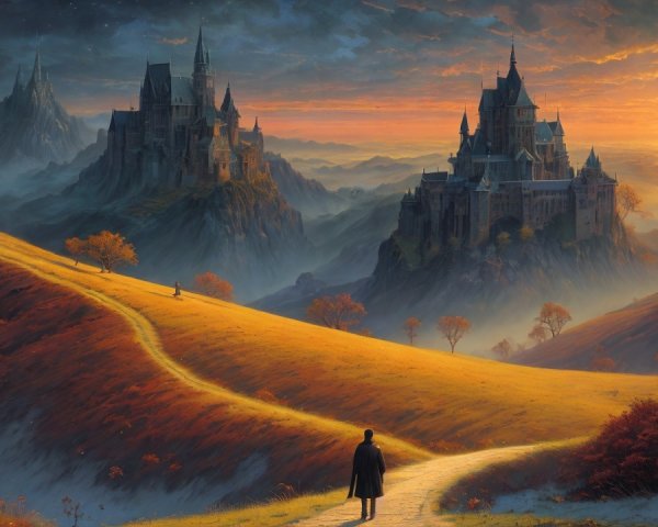 Winding Path Through Hills at Sunset with Castles
