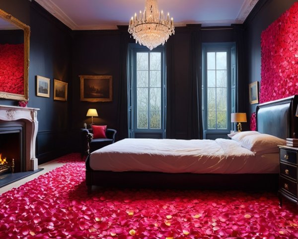 Luxurious Bedroom with Red Rose Petal Decor