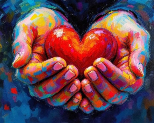 Colorful Painting of Hands Cradling a Red Heart