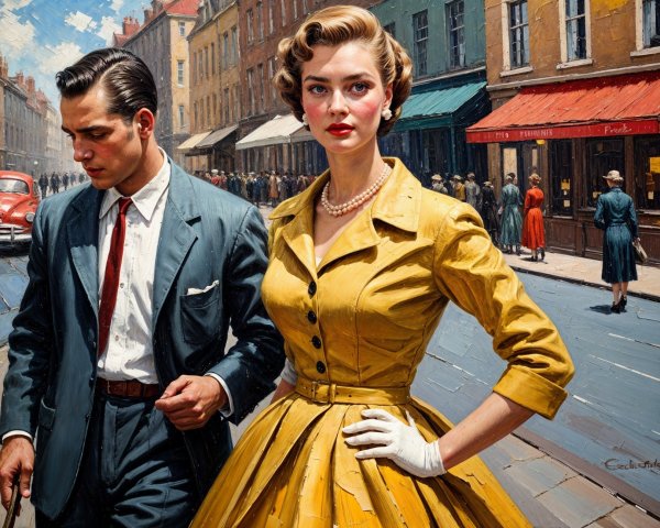 Vintage Couple in Stylish Attire on Bustling Street