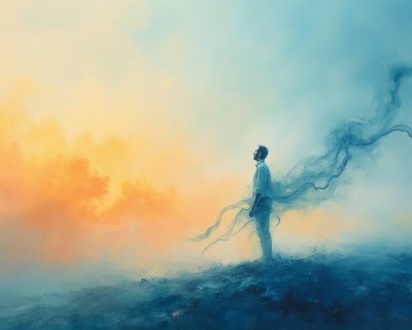 Solitary Figure in Surreal Landscape with Vibrant Clouds