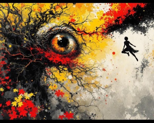 Giant Eye Among Autumn Leaves and Twisting Branches