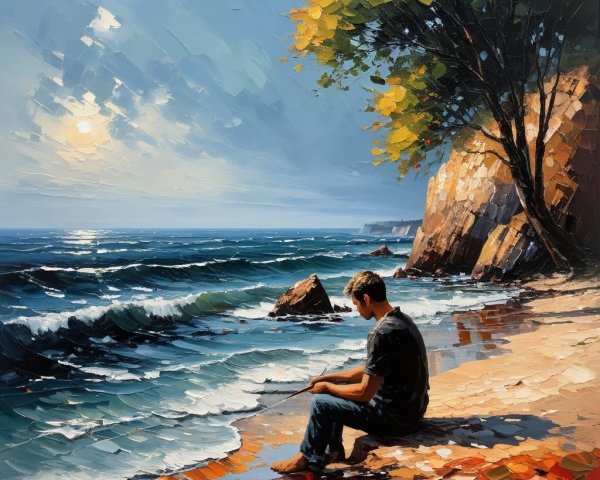 Serene Ocean Scene with Young Man by the Shore