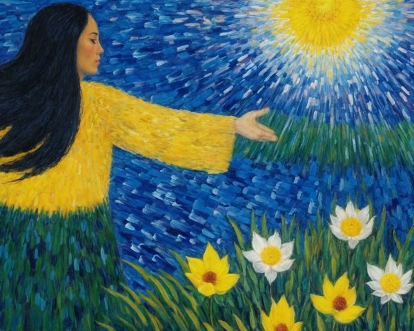 Woman in yellow sweater reaching for the sun