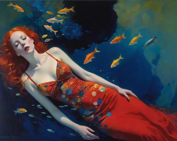 Underwater Scene of Woman in Red Dress and Fish