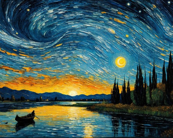 Serene Night Scene with Starry Sky and River Reflection
