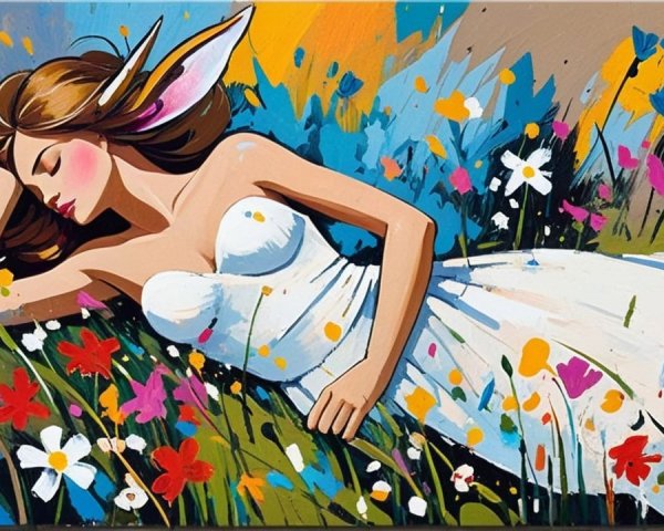 Whimsical Woman with Rabbit Ears in Colorful Meadow