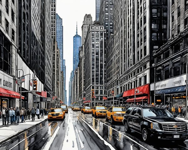 Urban Scene with Skyscrapers and Yellow Taxis
