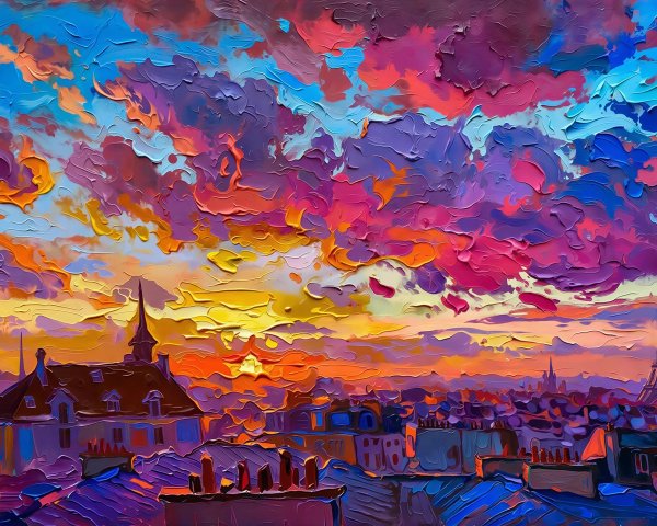 Impasto Oil Painting of Eiffel Tower at Sunset