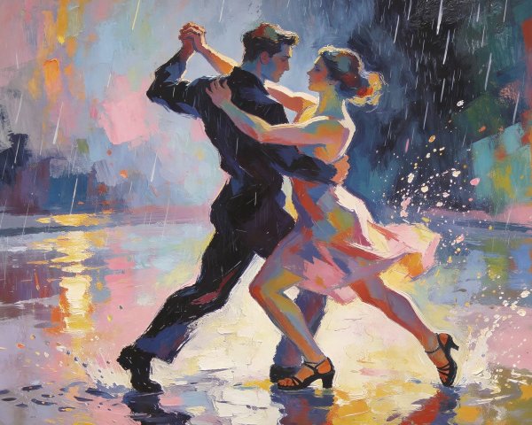 Impressionistic Oil Painting of Tango Dance in Rain