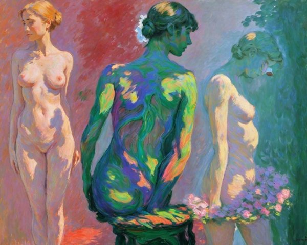Impressionistic Painting of Three Nude Female Figures