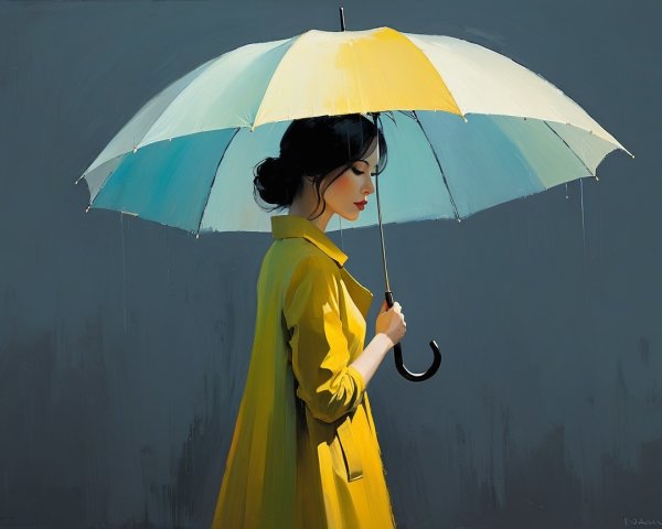 Woman in Yellow Raincoat with Pastel Umbrella