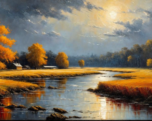 Serene Dusk Landscape with Winding River and Farmstead