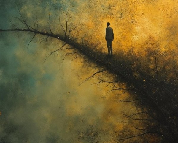 Solitary Figure on Branch in Abstract Landscape