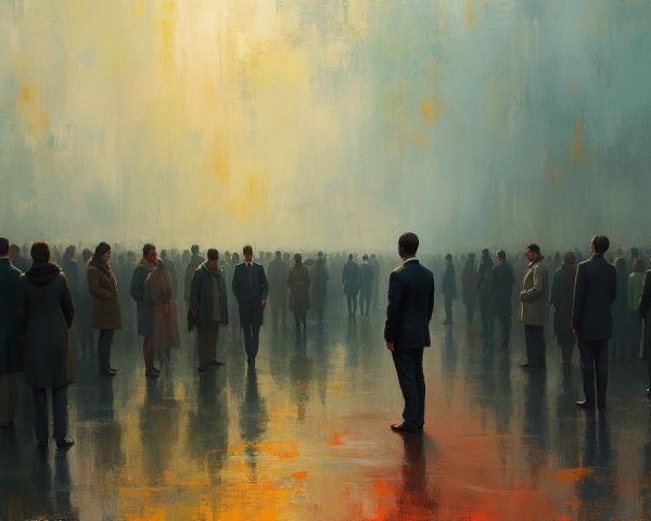 Crowd of Suited Figures in Hazy Landscape Scene
