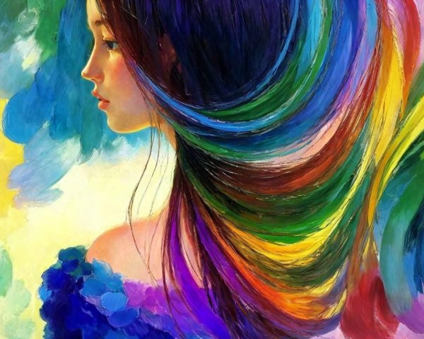 Young woman with rainbow hair in serene profile view
