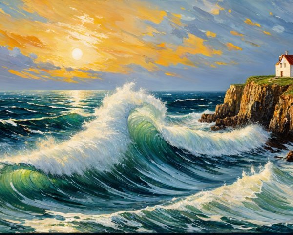 Vibrant Seascape with Lighthouse and Dramatic Sunset