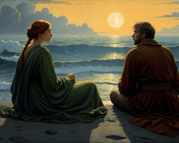 Serene Seaside Scene at Dusk with Two Figures