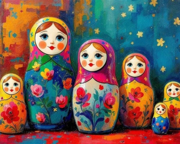 Traditional Russian Matryoshka Dolls on Abstract Background