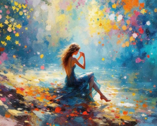 Woman by Tranquil Water Amidst Colorful Autumn Hues