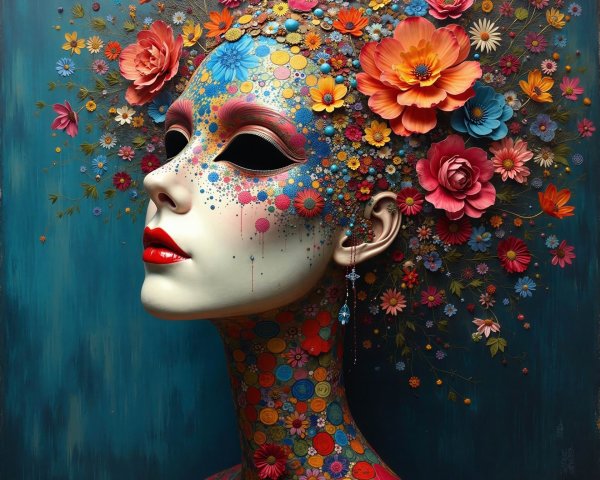 3D Digital Artwork of a Woman with Fantasy Mask and Flowers