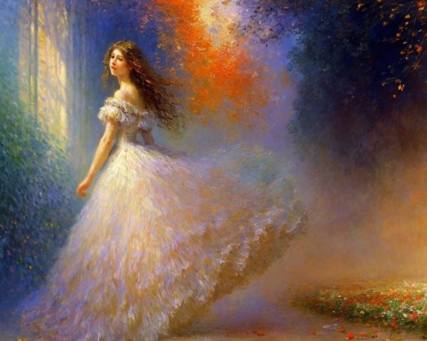 Young woman in white dress with colorful background