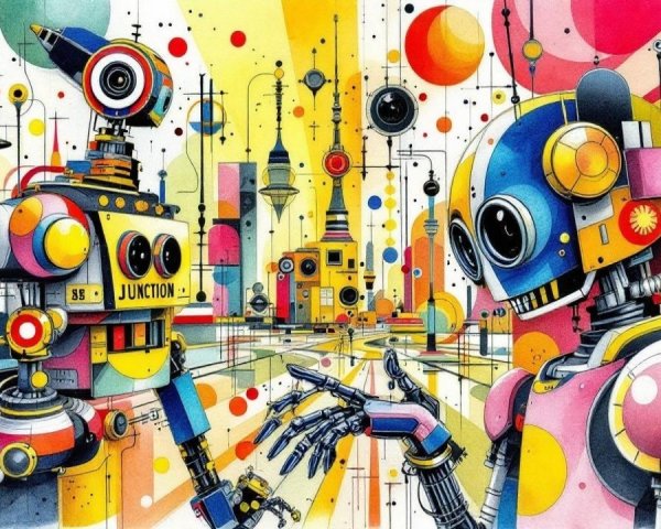 Stylized Robots in a Colorful Cityscape Scene
